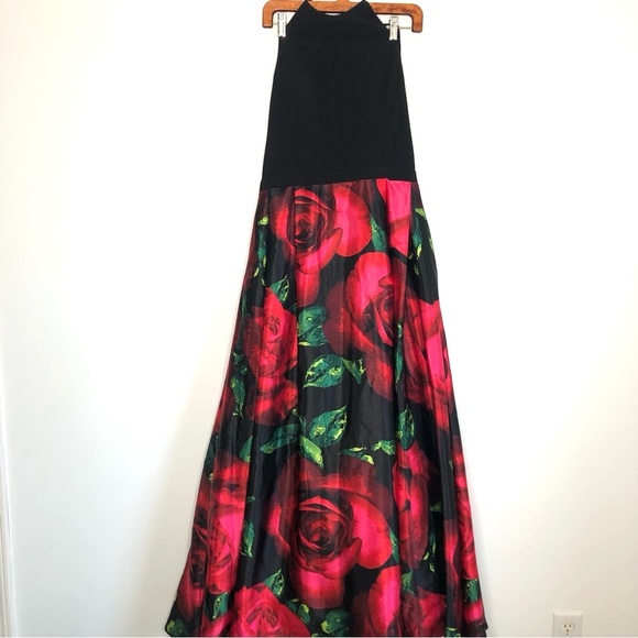 Blondie Nites Rose Print Halter Evening Gown - Picture 2 of 9